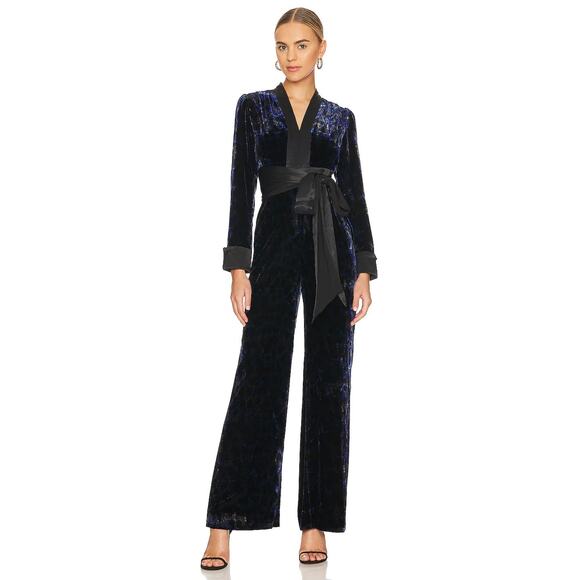 Diane von Furstenberg Vegas Jumpsuit Long Sleeve Velvet Leopard Sapp Blue Sz 00 - Picture 1 of 16